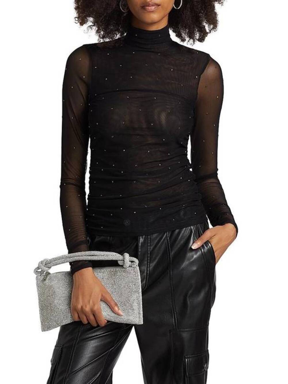 Cinq a Sept Heatset Shirred Mesh Embellished Turtleneck Top in Black XS
